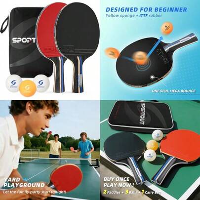Juego de palas de ping pong - Paleta de tenis de mesa portátil con estuche de almacenamiento de pelotas Raqueta de tenis de mesa premium para juegos interiores y exteriores