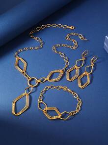 3pcs Middle Eastern Saudi Arabian Style Gold-Plated Copper Multi-Layer Jewelry Set, 1 Necklace, 1 Bracelet, 1 Pair Earrings For Wedding - Yellow Gold - View 5