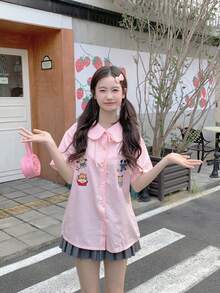 新款春夏女士格子彼得潘领短袖衬衫，刺绣系带休闲甜美格子衬衫 - 粉色 - 查看 13