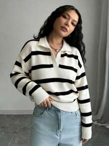 el mejor regalo para el Día de la Madre:ropa de otoño para mujer, suéter de punto de manga larga con cuello de solapa, contraste de color a rayas, casual, vuelta al colegio en blanco - Blanco - Ver 6