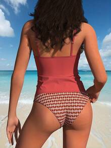 2026 New Women's Tankini Set - Solid Ruched Tank Top & Geometric Print High Waist Bottoms - 彩色 - 查看 3