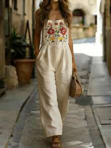 Mono de mujer, mono sin mangas bordado con bolsillos, conjunto casual de vacaciones de verano para mujer - Albaricoque - Ver 2