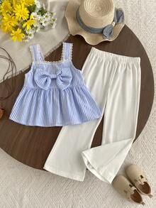 2pcs/Set Girls Casual Ruffle Trim Blouse & Flared Pants Set, Sweet Summer Outfit For Toddler - Baby Blue - View 1