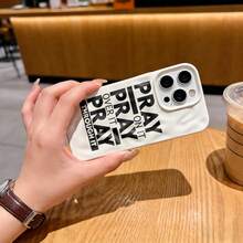 1 pieza Funda para iPhone15 Pro Max/14/13 Series, Funda con textura arrugada ondulada blanca con estampado de lema inspirador de fe "PRAY ON IT", Funda protectora minimalista inspirada en la fe anti-caída, exterior de moda personalizado de nicho - Blanco - Ver 6