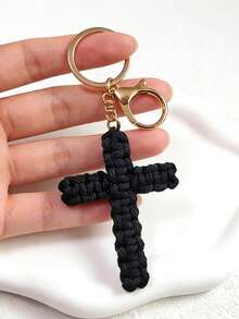 1pc Boho Style Rope Woven Cross Key Chain, Handmade Braided Religious Bag Charm, Christian Faith Metal Keyring Unisex Accessory - Multicolor - View 3