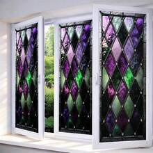 IVN Privacy Window Film Stained Glass Window Cling Purple And Green Design Decorative Static Cling Window Sticker Bathroom Entry Door 17.X 39.3 Inch - Berlian Ungu dan Hijau - View 1