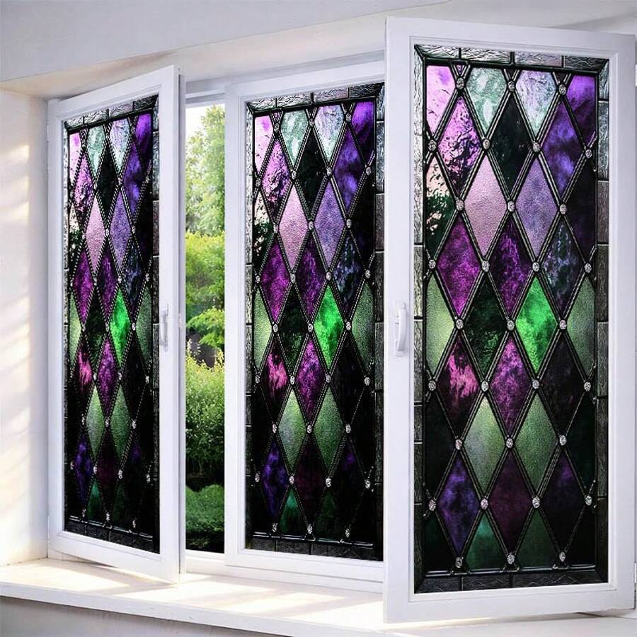 IVN Privacy Window Film Stained Glass Window Cling Purple And Green Design Decorative Static Cling Window Sticker Bathroom Entry Door 17.X 39.3 Inch - Berlian Ungu dan Hijau - View 1