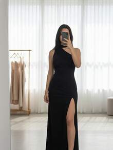 Elegant Party Long Slit Dress | Premium Suplex | Graduation, Wedding, Guest, Prom, Backless - 黑色 - 查看 2