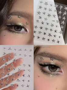 1 pieza Pegatina facial de metal con estrella de plata y rhinestones, adecuada para maquillaje de festivales de música, brillante y multiusos para estilo Y2K, coreano y decoración facial de carnaval, diseño de pentágono con rhinestones autoadhesivos - Multicolor - Ver 2