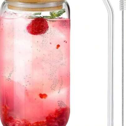 1 عبوة كوب قهوة زجاجي 16 أونصة مع غطاء وقش وفرشاة قش