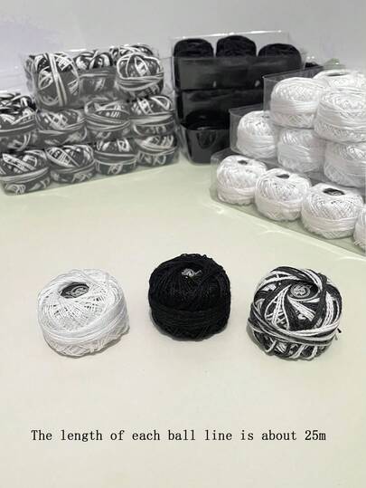 [6قطع/8قطع/12قطع] خيط ثنائي اللون أسود وأبيض، خيط أسود، خيط أبيض، خيط تطريز الدانتيل الأسود والأبيض / خيط كروشيه أحادي اللون / خيط دانتيل رقم 8 / خيط صوف كروشيه وتريكو يدوي DIY / حوالي 25م لكل لفة / خيط كروشيه لصنع الكنزات المجوفة / خيط تريكو رفيع الحجم