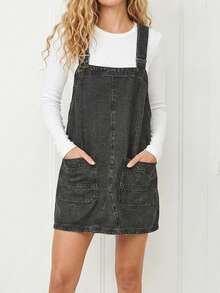 CICILEEDA Women's Casual Sleeveless Denim Pinafore Dress With Straps, Raw Wash Short Length For Everyday Wear - Xám - Xem 2