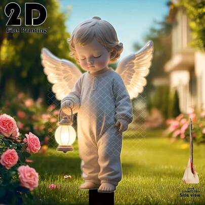 2D Plane Cute Angel Holding Glowing Light Garden Decoration Ground Plug, Outdoor Courtyard Decoration, Garden Lawn Decoration, Easter Festival Garden And Flower Bed Decoration Stakes, Mourning And Cemetery Memorial Decorations, Tombstone Decorations, Used For Monuments And Cemeteries, Outdoor Decorations, Condolence Gifts.