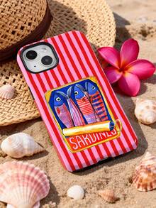 条纹图案清爽个性化沙丁鱼罐头插画图案亮面二合一薄膜工艺加厚硬壳手机壳，兼容三星/ 11/12/13/14/15/16/17 Pro Max A13 A14 A15 A16 A17 S25 S24 S23 S22 A55 A56 A34，国际版，非国内版 - 彩色 - 查看 3