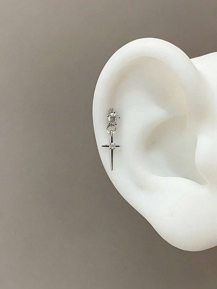 精致十字架吊坠耳环，时尚奢华学生风耳夹，女士春夏款 - 銀色 - 查看 1