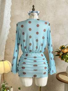 女士新款春夏泳衣罩衫，优雅性感复古黄色波点印花高领长袖网纱连衣裙，女士沙滩装，Y2K泳装，适合海滩度假、节日、派对、情人节、狂欢节等场合。 - 青碧色 - 查看 4