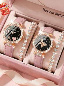 Bộ 4 món màu hồng cho bé gái - Đồng hồ thạch anh hai mặt hình trái tim/bướm + Vòng tay hình trái tim, thiết kế đính đá toàn bộ, có thể đeo cùng đồng hồ để tăng thêm vẻ nổi bật. - Hồng - Xem 11