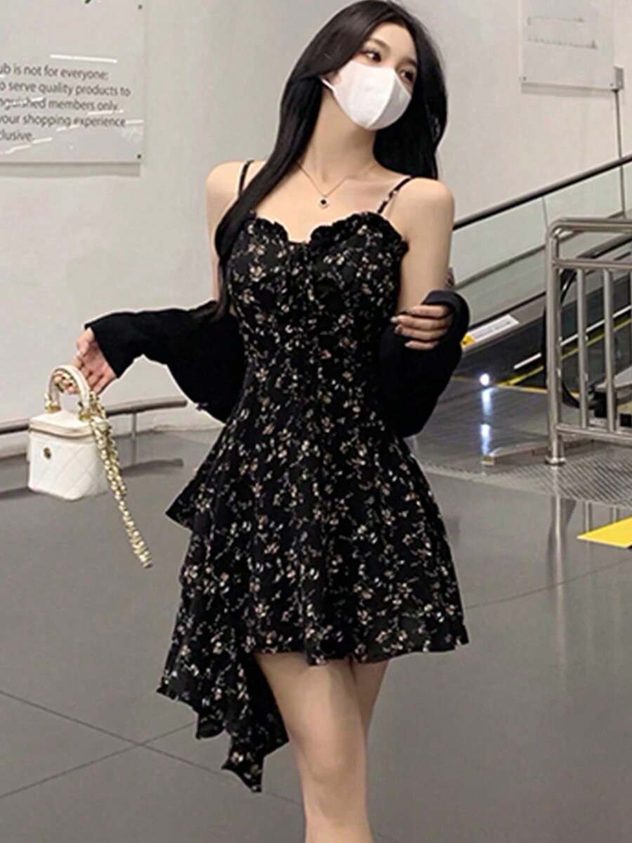 Đầm hai dây nữ in hoa toàn thân, vạt bất đối xứng - Màu tím - Xem 1