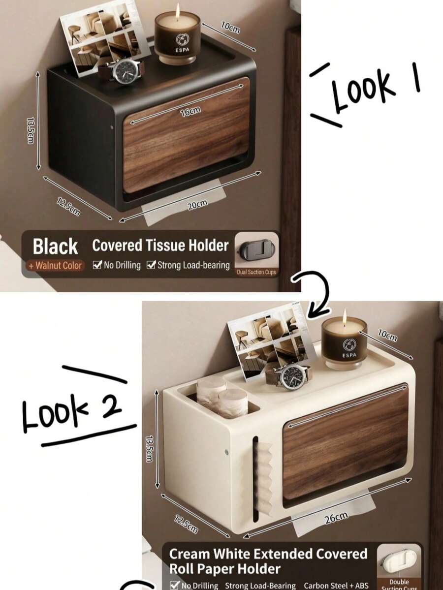 1pc Drill-Free Walnut Tissue Box, Bathroom Tissue Holder, Waterproof Wall-Mounted Tissue Holder With Lid, Suitable For Hotels And Homes - 1 Piece, Black and Walnut Color [20*12.5*13.5cm] - View 1