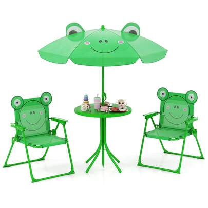  COSTWAY Kids Picnic Table & Chair Set, Indoor/Outdoor Collapsible Toddler Activity Table With 2 Folding Chairs & Height Adjustable Umbrella, Portable Kids Patio Furniture For Garden, Green