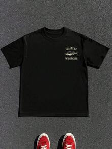 Walleye Fishing Lure Angler , Men's Double-Sided Printed Fashionable Casual Crew Neck 220gsm Pure Cotton T-Shirt(1 PC) - 黑色 - 查看 2