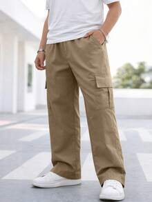 1件青少年/青年休闲直筒口袋裤，时尚街头风户外百搭 - 卡其色 - 查看 7