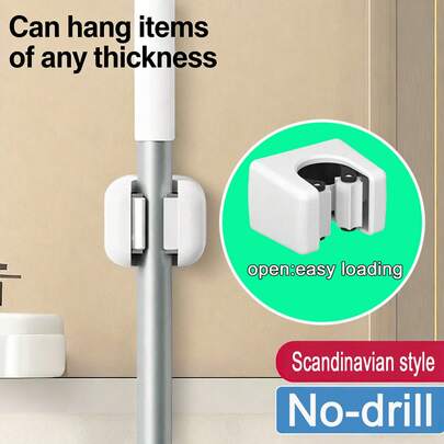 Giá treo chổi lau nhà gắn tường - Kẹp dán chắc chắn không cần khoan, móc bền tiết kiệm không gian để treo chổi lau nhà/chổi quét/bàn chải vệ sinh và thùng rác, dễ lắp đặt, không gây hư hại, móc treo tiện dụng.