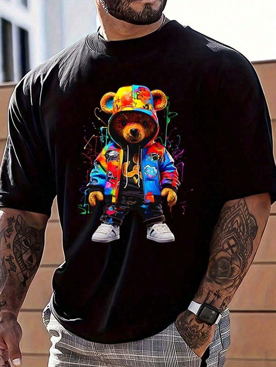 1 Piece Men's Casual Short Sleeve Crew Neck T-Shirt With Cartoon Bear Print, 100% Cotton 180g - 黑色 - 查看 1