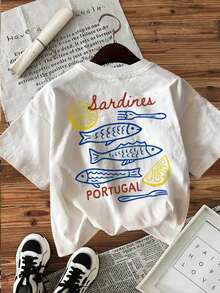 Double-Sided Print;Summer Casual Women's Top, Hand-Painted Style, Sardines, Lemon Print, Round Neck, Pure Cotton Short-Sleeve;Summer Outfits - 白色 - 查看 5