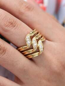 1pc Luxury Zirconia Copper Women's Ring, Delicate Line Design Multi-Layer Party Ring, New Fashion Accessory Daily Wear - Gold - View 4