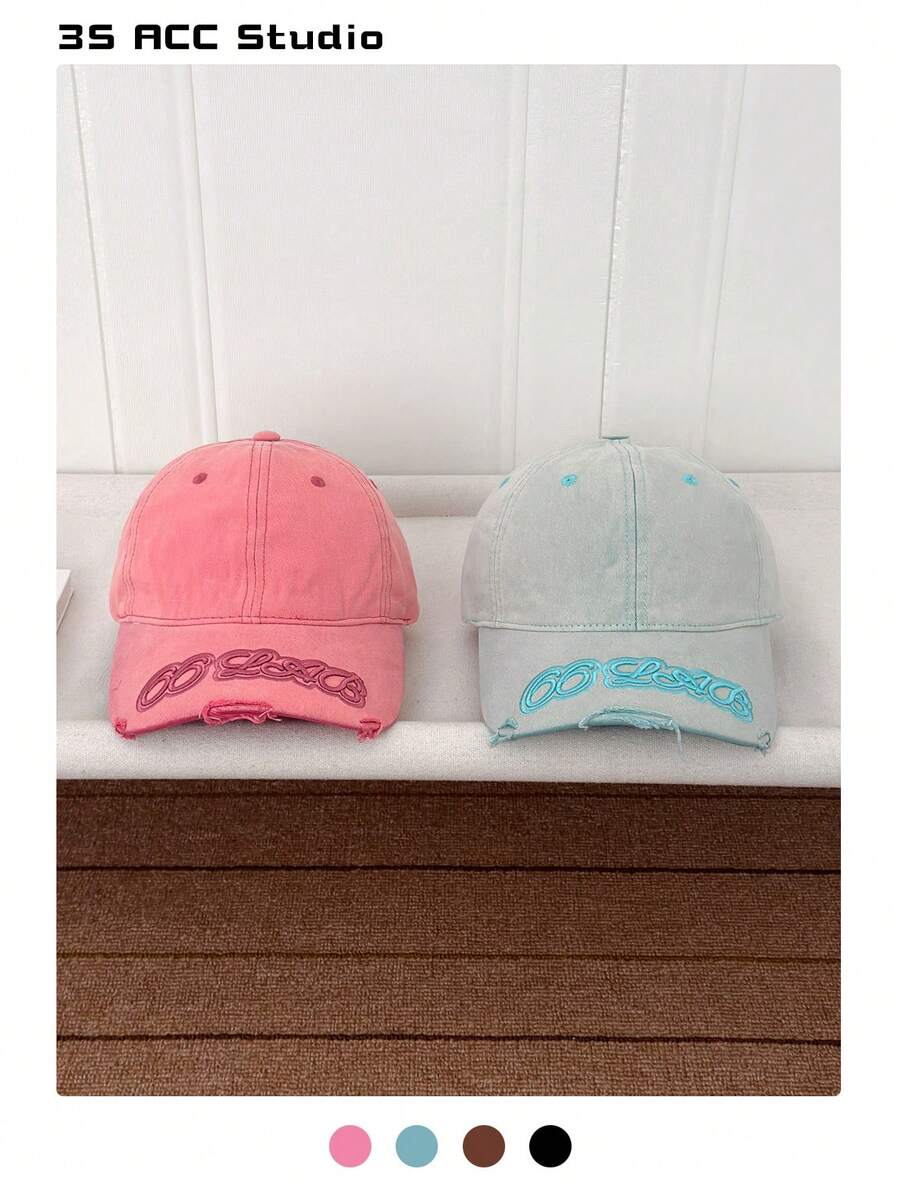 Distressed Baseball Cap, Embroidered Letter Design, Versatile Sun Protection Hat, Unisex Street Style, Spring/Summer - Multicolor - View 1