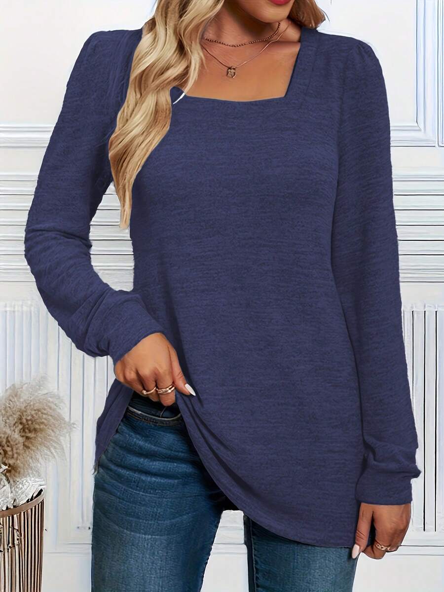 Camiseta de manga larga con cuello cuadrado elegante de talla grande, artículo de moda casual, cómodo y versátil para la primavera - Azul oscuro - Ver 1