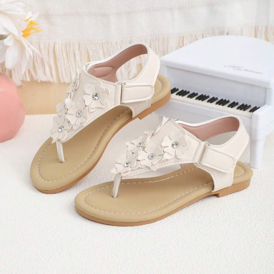Milky White: Milky White Girls' Thong Sandals, Floral Crystal Princess Shoes, Soft Non-Slip Children's Beach Shoes, Little Girls' Summer Slippers - Beige - View 1