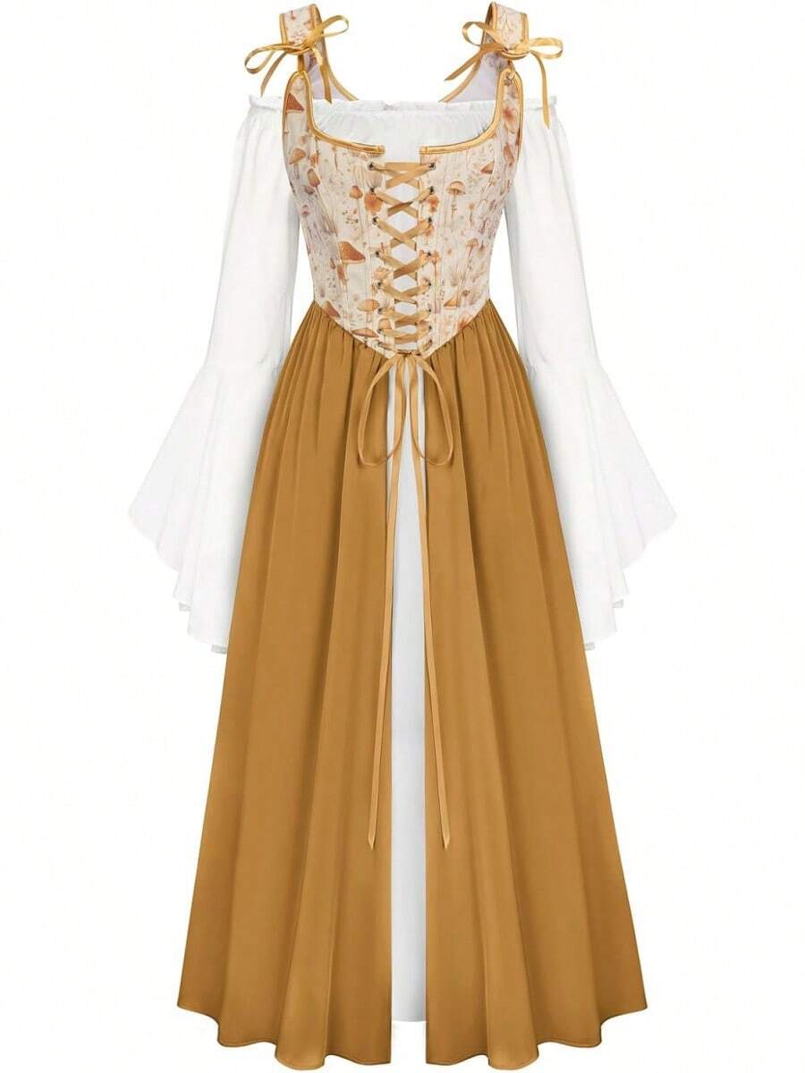 2026 Women's Renaissance Costume Floral Lace Up Bell Sleeve Peasant Medieval Fairy Dress - 收穫蘑菇 - 查看 1