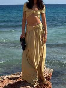 PoPoHouse Women's Elegant Two Pieces Set Sexy Off Shoulder Ruched Crop Top & High Waist Flowy Maxi Skirt For Summer Beach Vacation Party Wedding Guest Going Out Outfit Light Yellow Two Pieces Set - Light Yellow - View 3