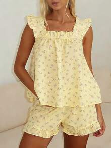 Women Summer Pajama Set Solid Flying Sleeve Tank Tops And Ruffle Shorts 2 Piece Casual Lounge Outfit - Light Yellow - View 2