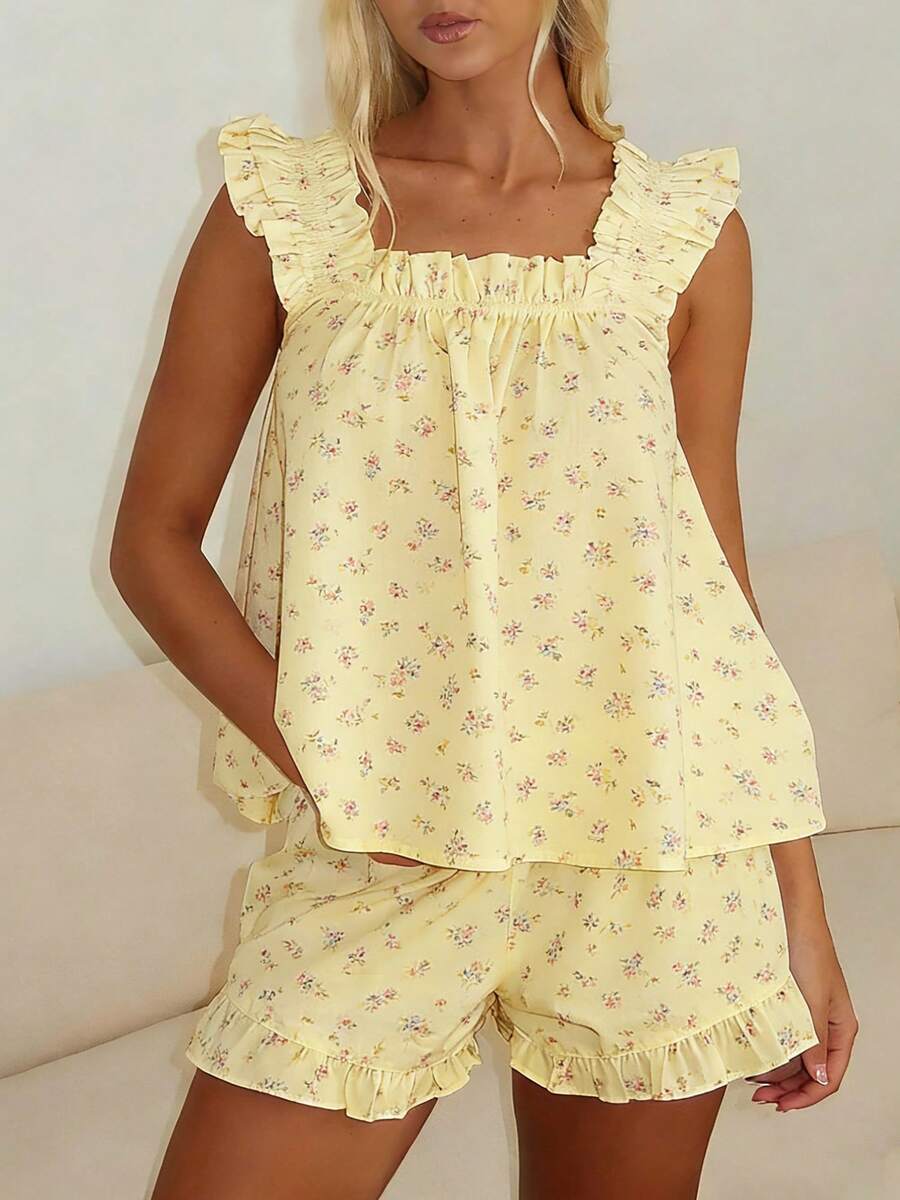 Women Summer Pajama Set Solid Flying Sleeve Tank Tops And Ruffle Shorts 2 Piece Casual Lounge Outfit