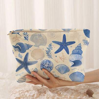 Shell Starfish Pattern Printed Makeup Bag - Lightweight Zipper Lined Storage Bag, Suitable For Toiletries And Accessories, Suitable For Both Men And Women.
