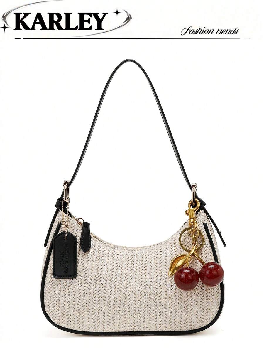 2026 Nouveau sac en paille d'été de couleur unie avec design graphique de lettre classique. Sac à épaule, sac croissant, convient pour le shopping, le sac bandoulière, le sac sous le bras Y2K, le sac à la mode - Noir - Voir 1