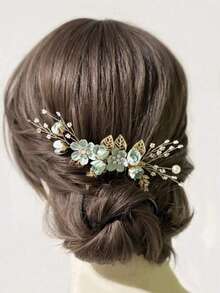 1pc Women's Handmade Golden Thread Light Green Flower & Pearl Hair Comb Accessory,Summer,Beach,Wedding - Green - View 2
