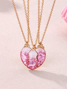 3入組女孩 Bff 心形鋅合金吊墜項鍊，帶閃光設計，磁性閉合送給最好朋友完美生日禮物 - 粉色 - 查看 5