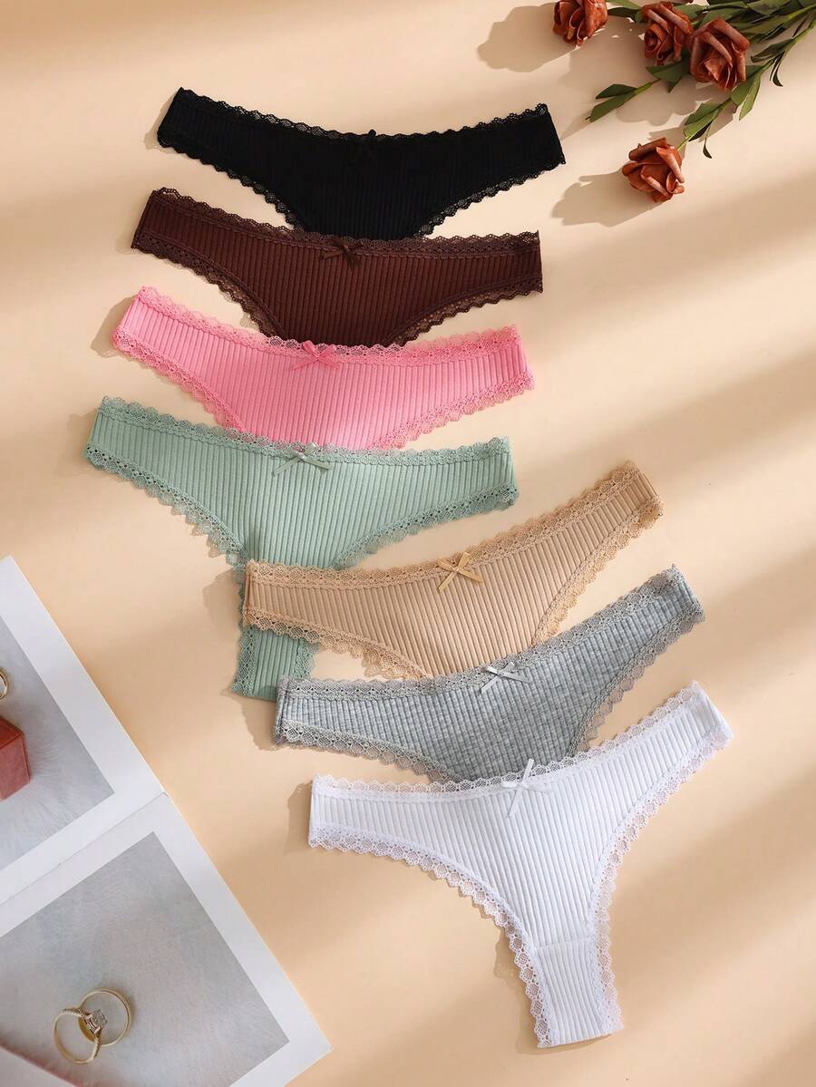 7-Pack Women's Solid Color Thin Lace-Trimmed Cotton Thongs With Cute Bows, Soft And Comfortable Women's Underwear - 彩色 - 查看 1