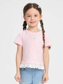 Balabala 女童夏季短袖T恤，荷叶边下摆，精致刺绣圆领上衣，新品上市 - 白紅色 - 查看 1