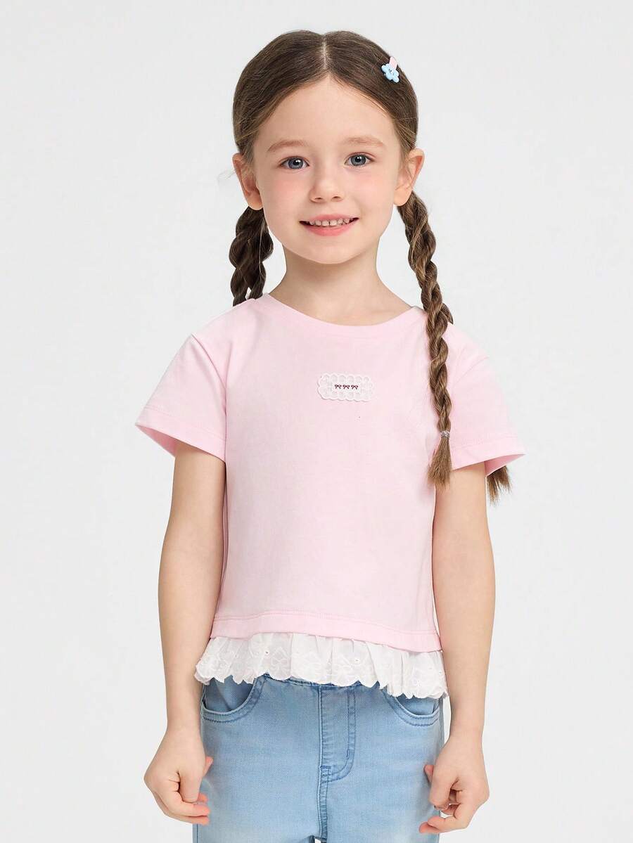 Balabala 女童夏季短袖T恤，荷叶边下摆，精致刺绣圆领上衣，新品上市 - 白紅色 - 查看 1
