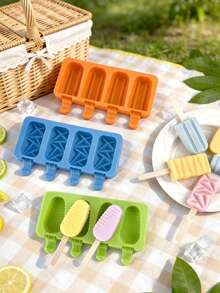 Khuôn làm kem que 3D bằng silicon | 4 ô hình thoi/sọc/trụ | Khuôn làm kem tự làm | Bao gồm 50 que gỗ | Vật dụng cần thiết cho dã ngoại/tiệc tùng | Silicon - trắng - Xem 2
