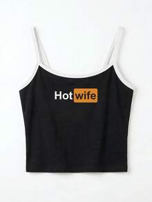 标语印花露脐背心，修身2026 Y2K风格罗纹针织无袖上衣，舒适百搭的露脐上衣，复古街头风Pinterest美学吊带衫，独特标语休闲黑色服饰 - 黑色 - 查看 3