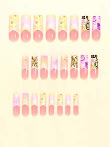 Upgrade Your Look With Y2K Style! Use 24pcs Rectangular Press-On Fake Nails To Change Your Nails, With Fresh And Dreamy: Light Yellow Gradient Star Pattern; Wide-Edge French Nude Base; Minimalist Fashionable Y2K Style Press-On Nails; Brown Line Butterfly Pattern; Colorful Asymmetrical Geometric Shapes - Multicolor - View 3