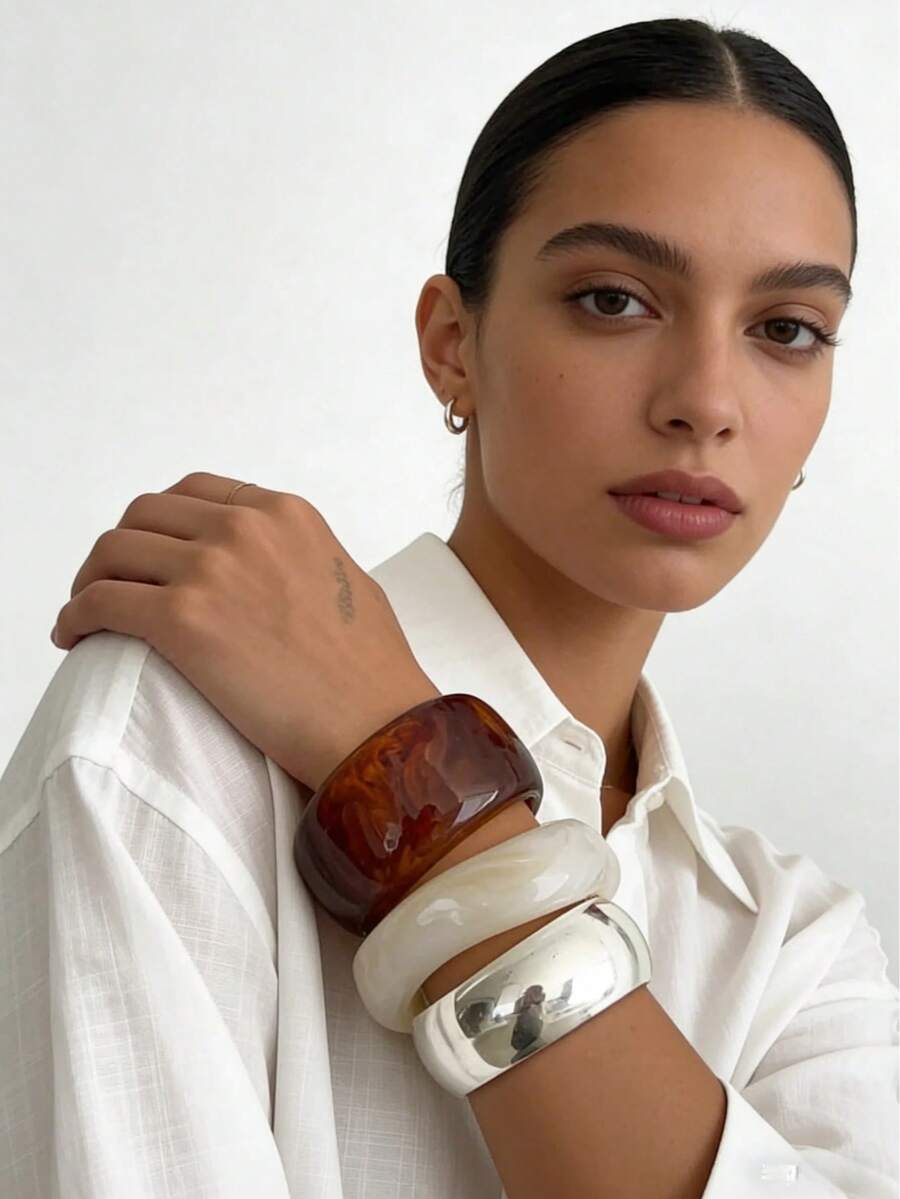 3pcs Set Exaggerated Asymmetrical Resin Semi-Transparent Bracelet, Versatile For Women - Multicolor - View 1