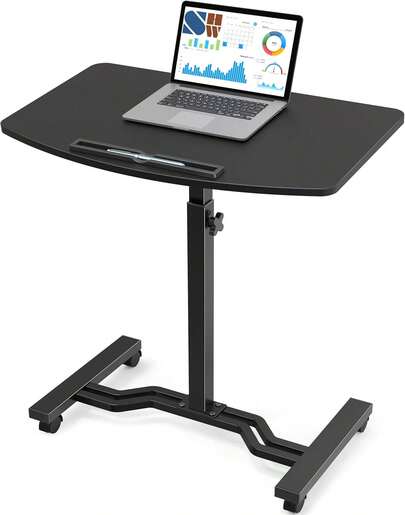 25 To 41 Height Adjustable Rolling Laptop Desk With Tilting Desktop Home Office And Sofa Beside, Black