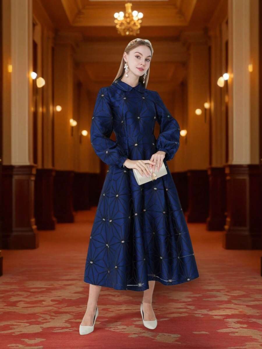 DEVCHATA 女士提花几何图案派对连衣裙，翻领，长袖，轻盈奢华，优雅风格，适合宴会、派对、晚宴、圣诞节、节日、新年等场合，秋季也可穿着，随机花卉图案